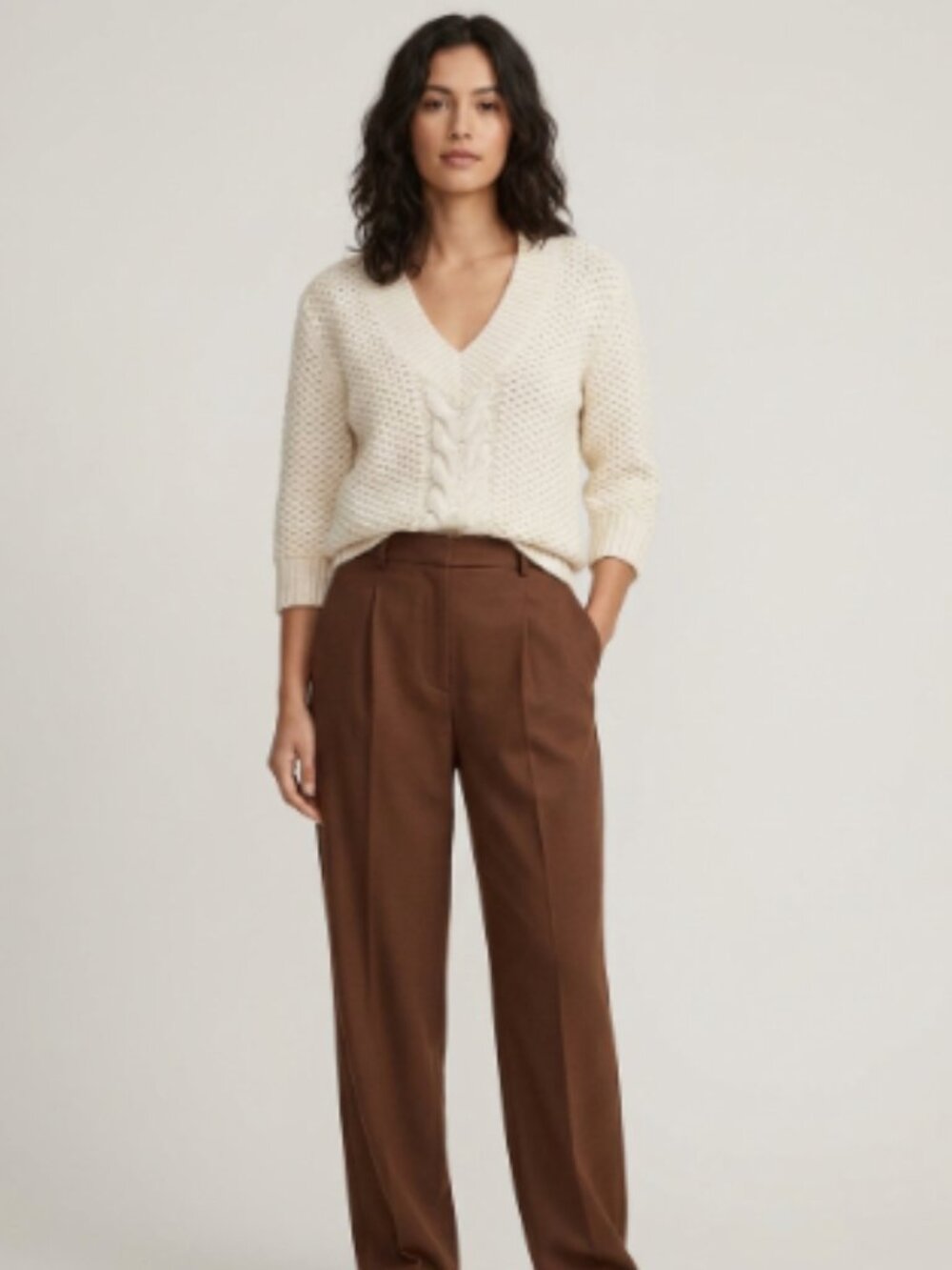 Cream Chunky V Neck Cable Knit Sweater